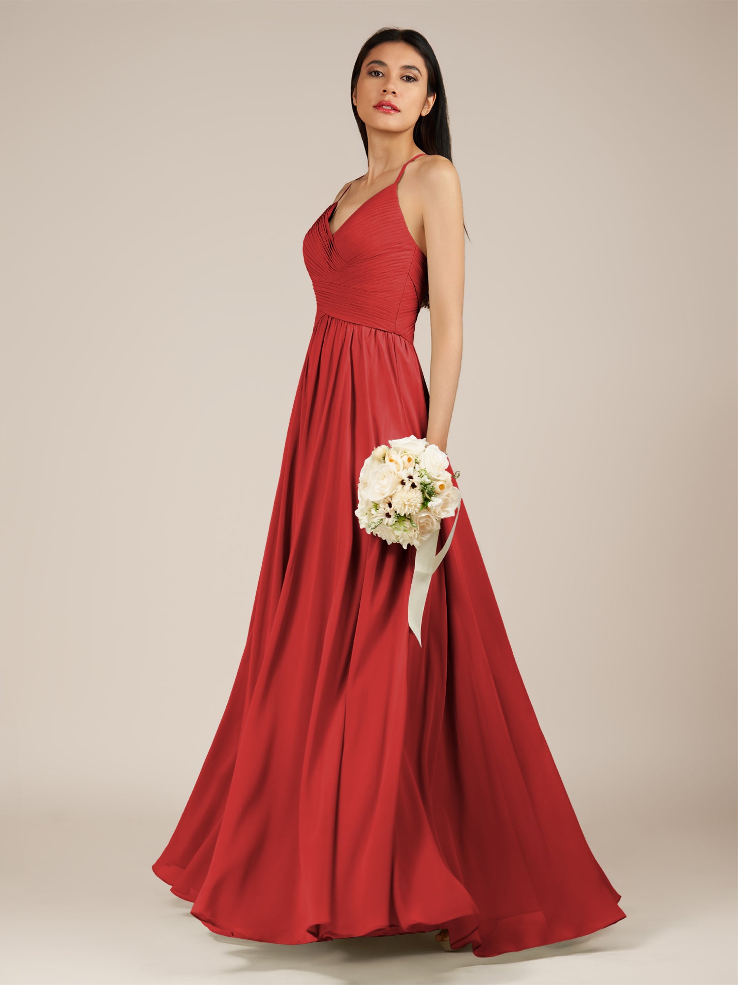 KissDress-Nolana Ruby Red A Line V Neck Chiffon Pleated Long Bridesmaid Dress