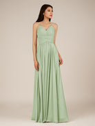 KissDress-Nolana Sage A Line V Neck Chiffon Pleated Long Bridesmaid Dress