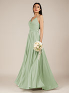 KissDress-Nolana Sage A Line V Neck Chiffon Pleated Long Bridesmaid Dress