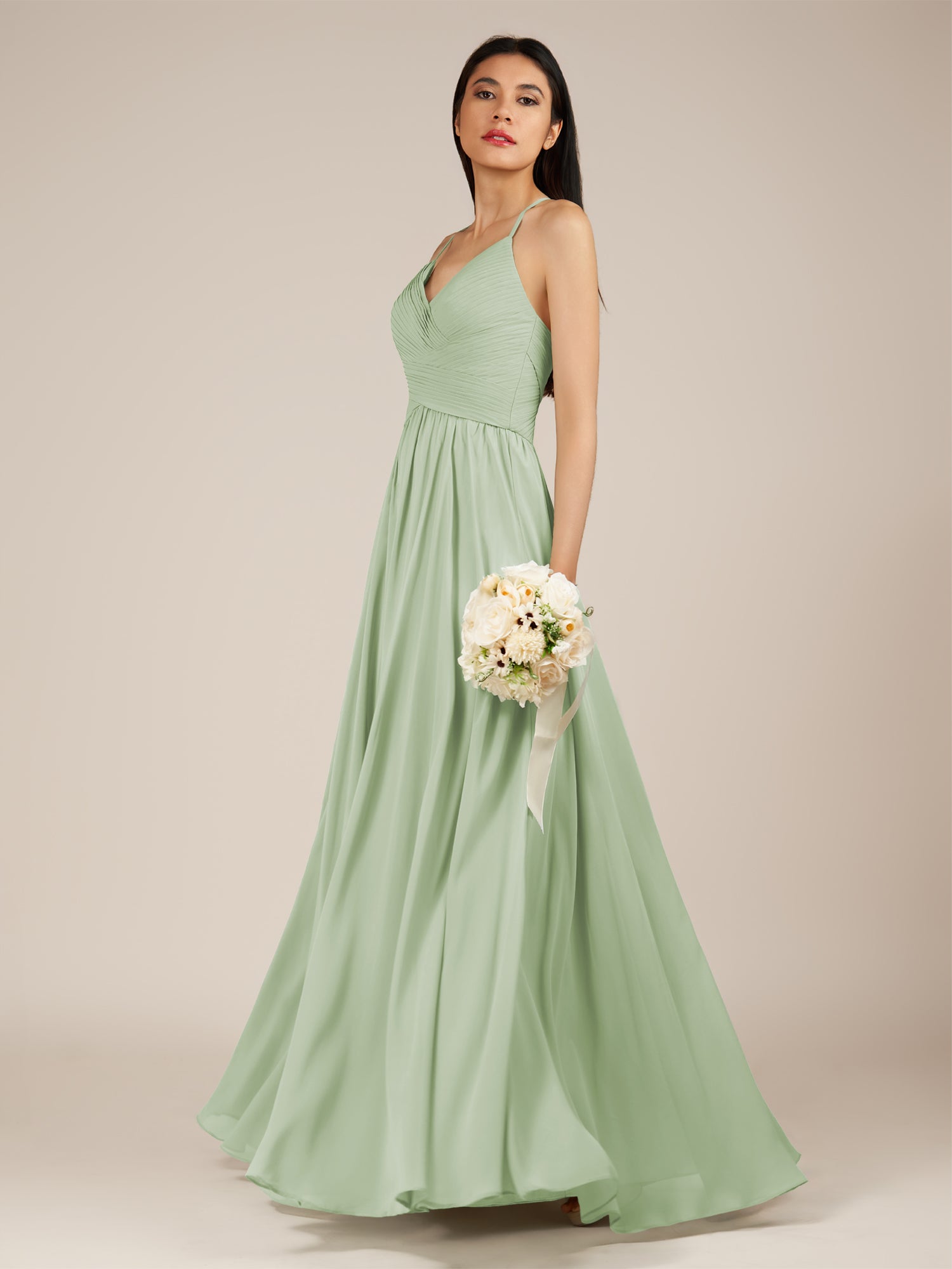 KissDress-Nolana Sage A Line V Neck Chiffon Pleated Long Bridesmaid Dress