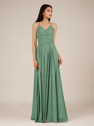 KissDress-Nolana Sea Glass A Line V Neck Chiffon Pleated Long Bridesmaid Dress