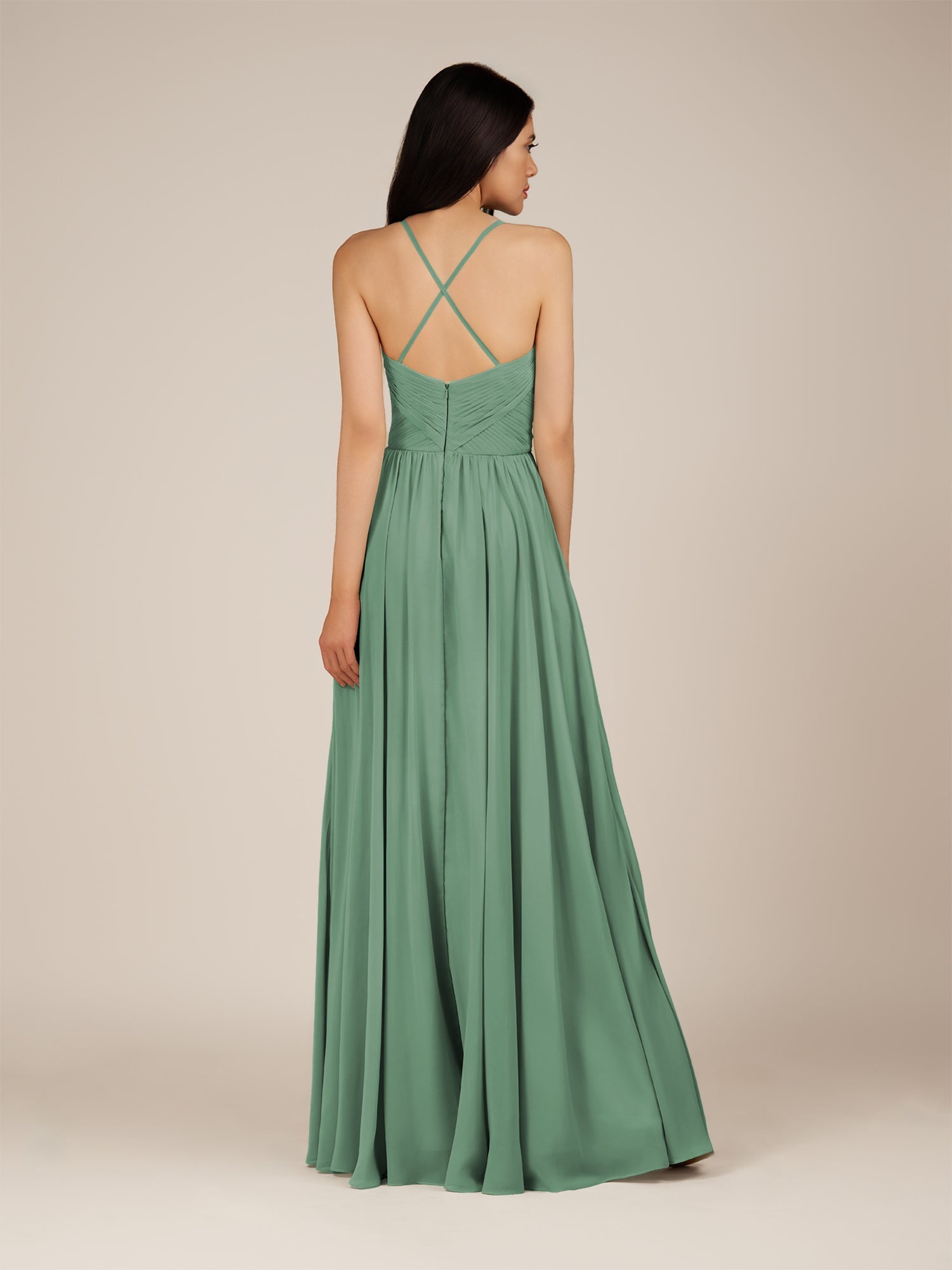 KissDress-Nolana Sea Glass A Line V Neck Chiffon Pleated Long Bridesmaid Dress