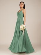 KissDress-Nolana Sea Glass A Line V Neck Chiffon Pleated Long Bridesmaid Dress