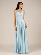 KissDress-Nolana Sky Blue A Line V Neck Chiffon Pleated Long Bridesmaid Dress