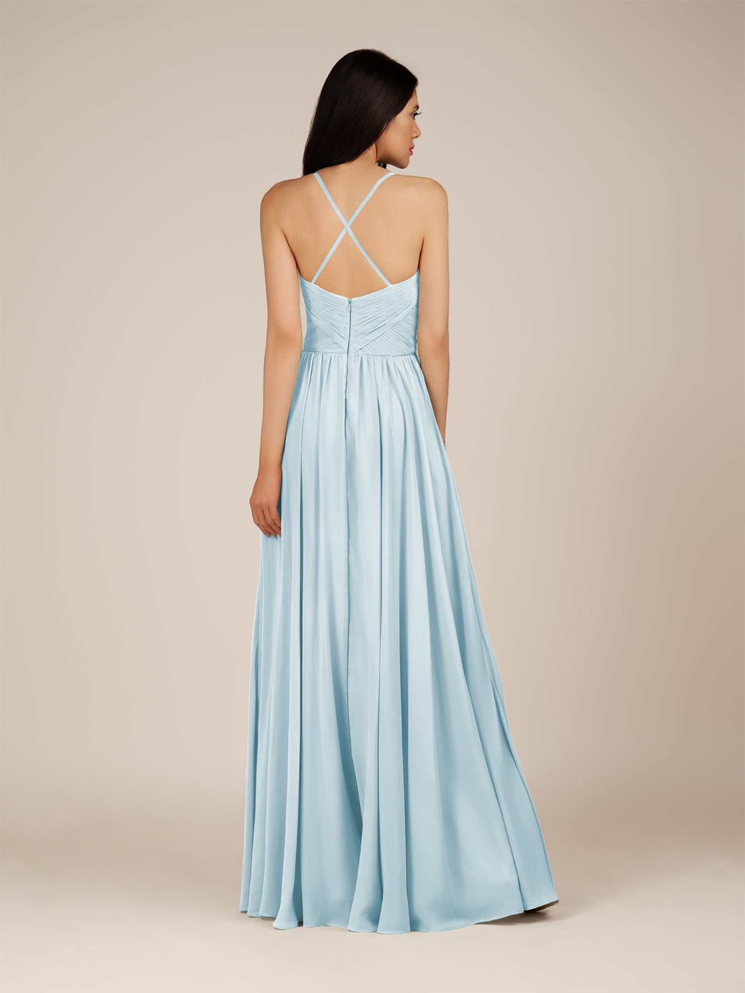 KissDress-Nolana Sky Blue A Line V Neck Chiffon Pleated Long Bridesmaid Dress