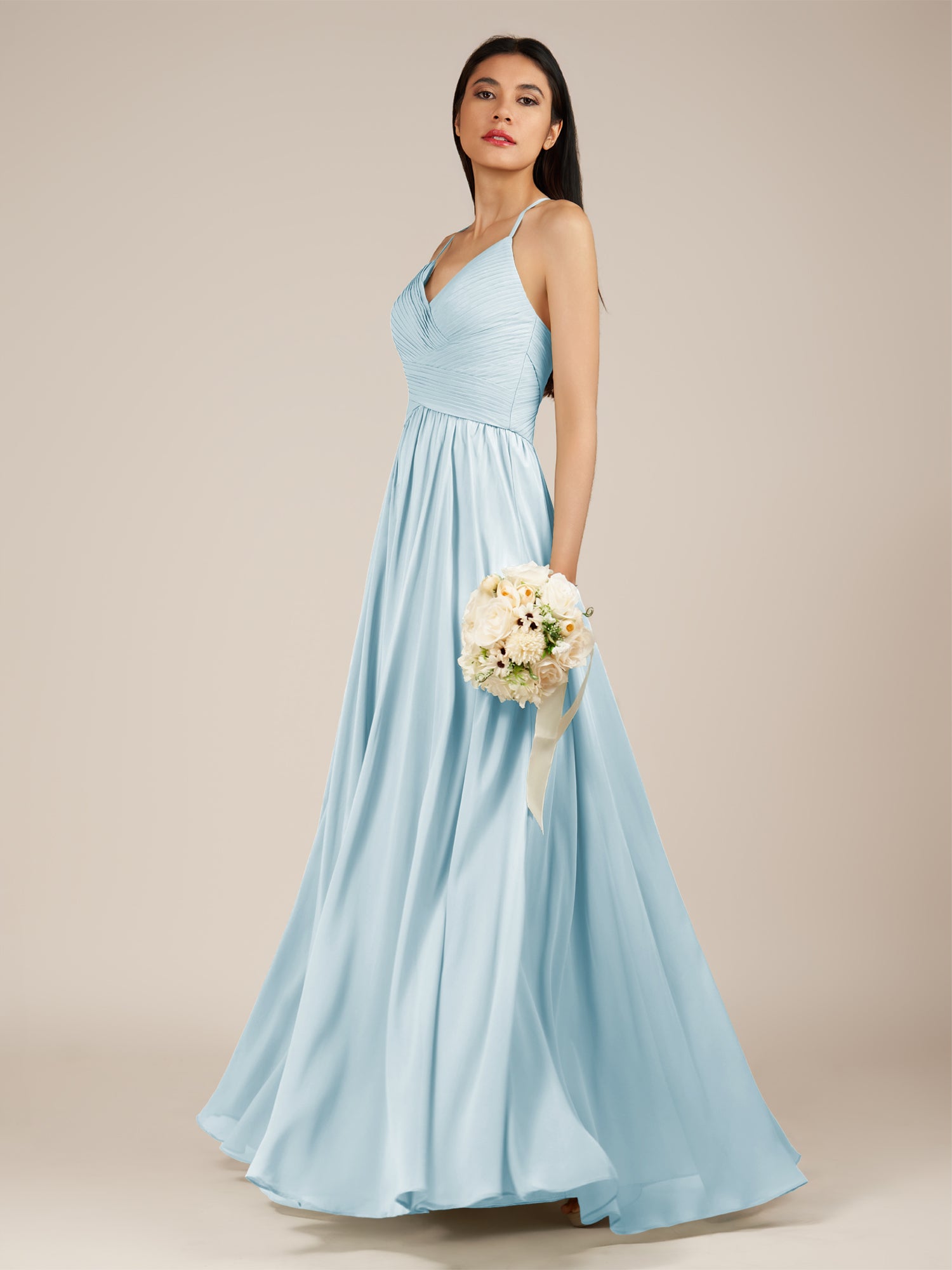 KissDress-Nolana Sky Blue A Line V Neck Chiffon Pleated Long Bridesmaid Dress