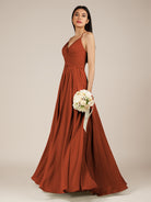 KissDress-Nolana Spice A Line V Neck Chiffon Pleated Long Bridesmaid Dress
