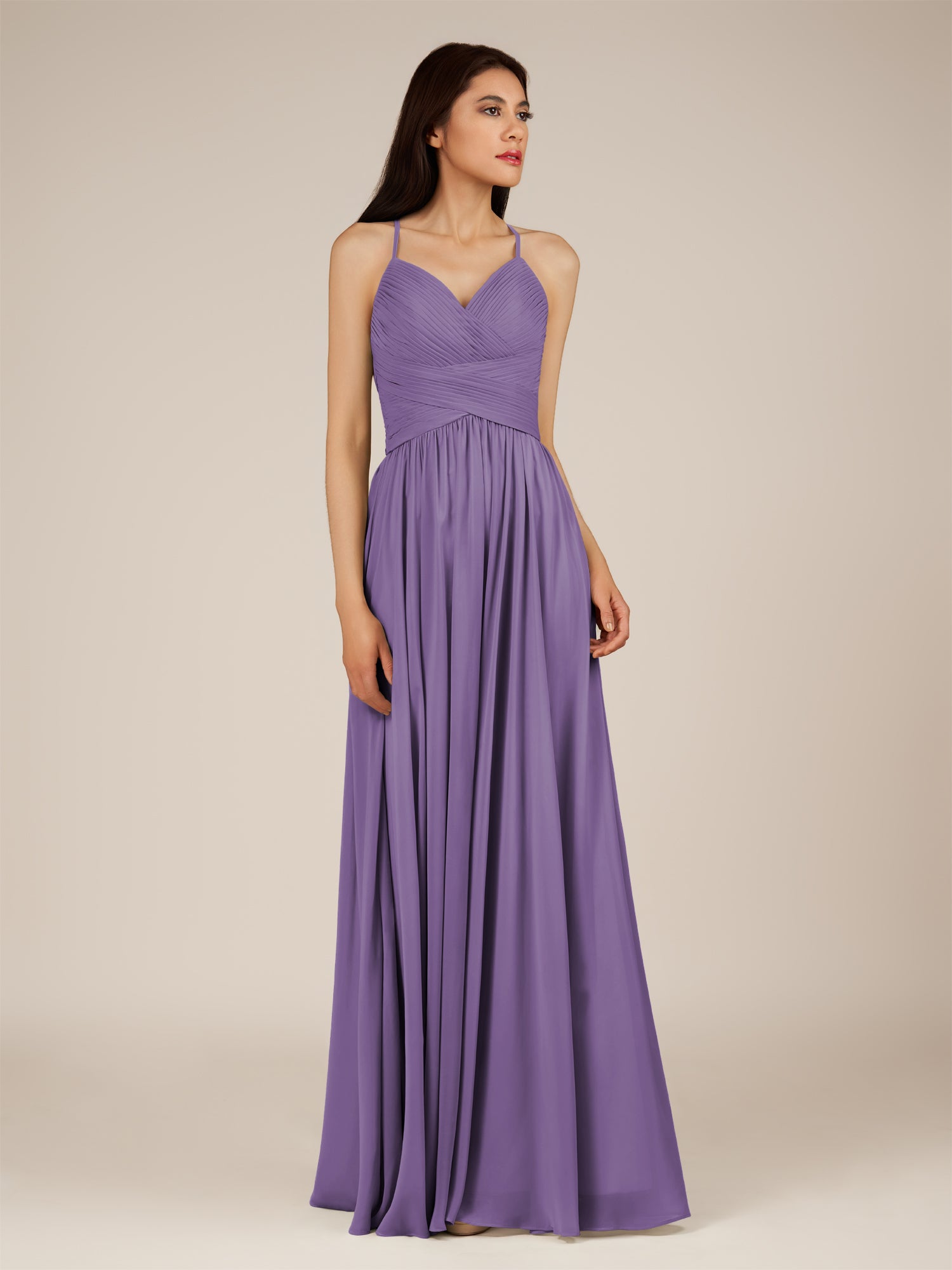 KissDress-Nolana Tahiti A Line V Neck Chiffon Pleated Long Bridesmaid Dress