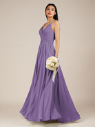 KissDress-Nolana Tahiti A Line V Neck Chiffon Pleated Long Bridesmaid Dress