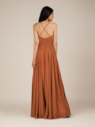 KissDress-Nolana Terracotta A Line V Neck Chiffon Pleated Long Bridesmaid Dress