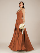 KissDress-Nolana Terracotta A Line V Neck Chiffon Pleated Long Bridesmaid Dress