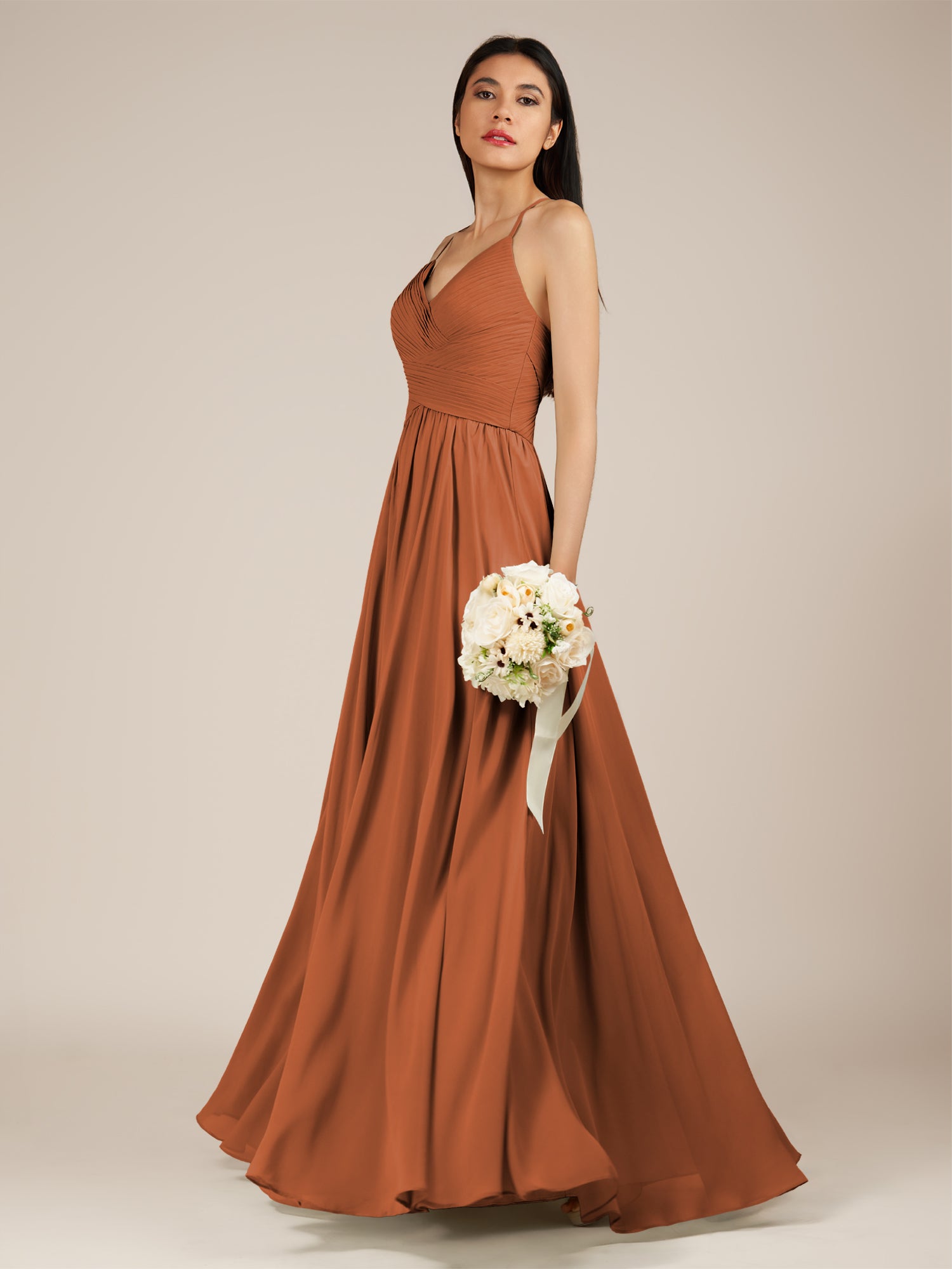 KissDress-Nolana Terracotta A Line V Neck Chiffon Pleated Long Bridesmaid Dress