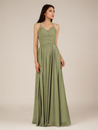 KissDress-Nolana Thyme A Line V Neck Chiffon Pleated Long Bridesmaid Dress