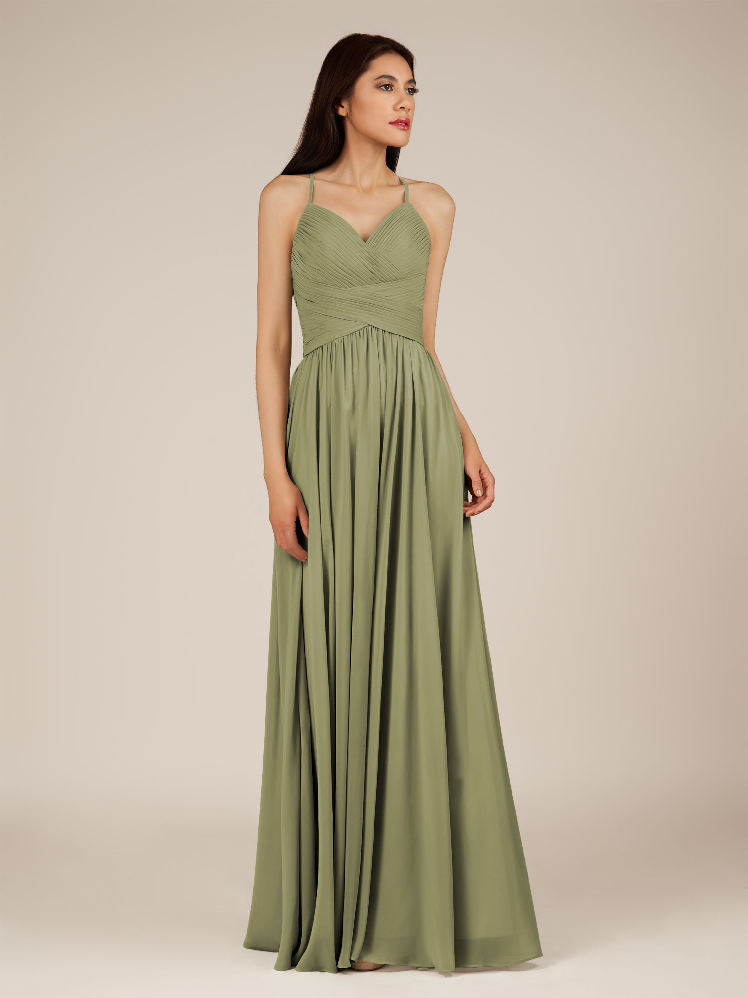 KissDress-Nolana Thyme A Line V Neck Chiffon Pleated Long Bridesmaid Dress