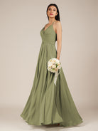 KissDress-Nolana Thyme A Line V Neck Chiffon Pleated Long Bridesmaid Dress