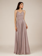 KissDress-Nolana Toffee A Line V Neck Chiffon Pleated Long Bridesmaid Dress
