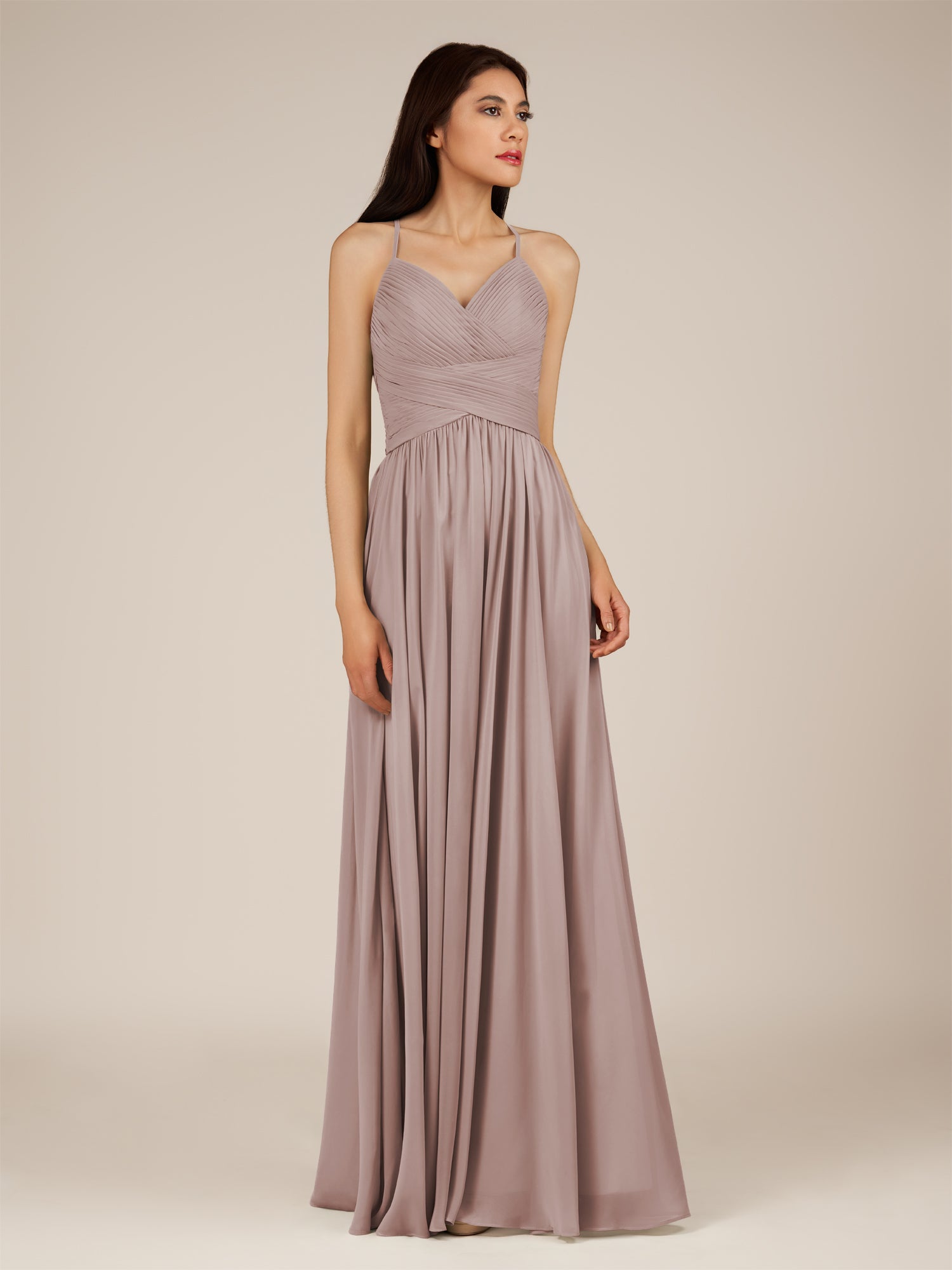 KissDress-Nolana Toffee A Line V Neck Chiffon Pleated Long Bridesmaid Dress