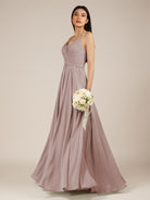 KissDress-Nolana Toffee A Line V Neck Chiffon Pleated Long Bridesmaid Dress