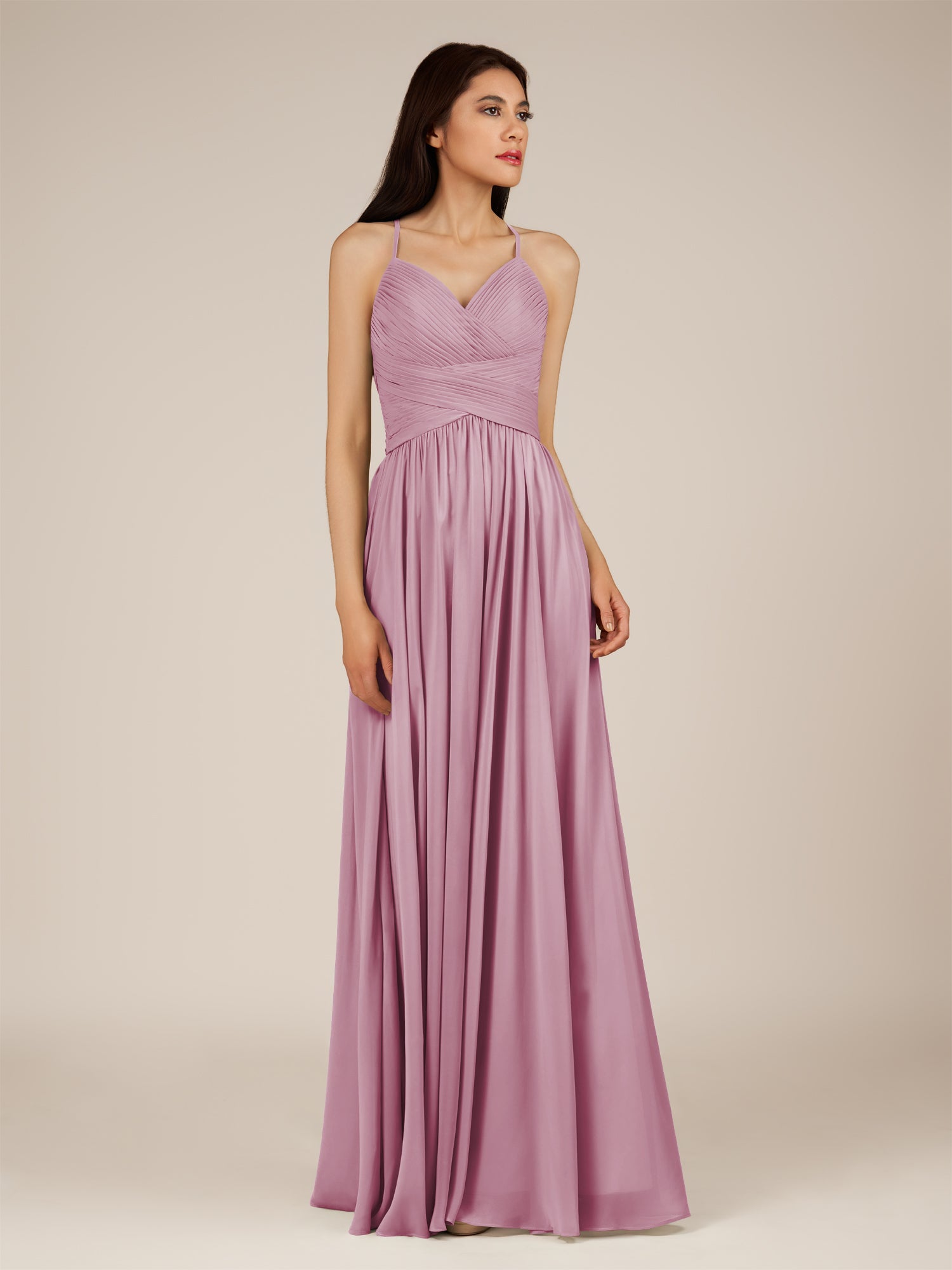 KissDress-Nolana Vintage Mauve A Line V Neck Chiffon Pleated Long Bridesmaid Dress