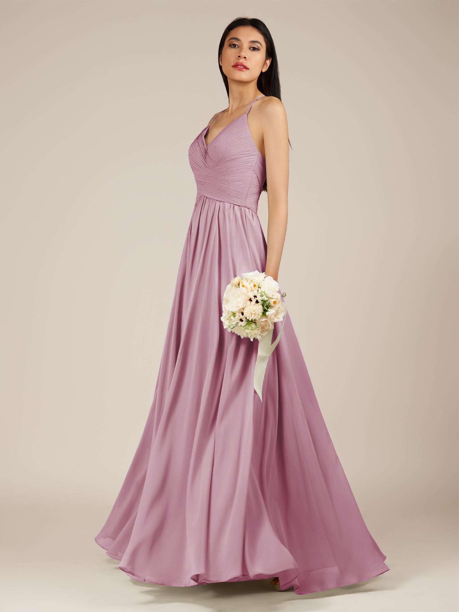KissDress-Nolana Vintage Mauve A Line V Neck Chiffon Pleated Long Bridesmaid Dress