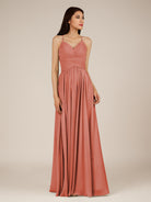 KissDress-Nolana Wild Rose A Line V Neck Chiffon Pleated Long Bridesmaid Dress