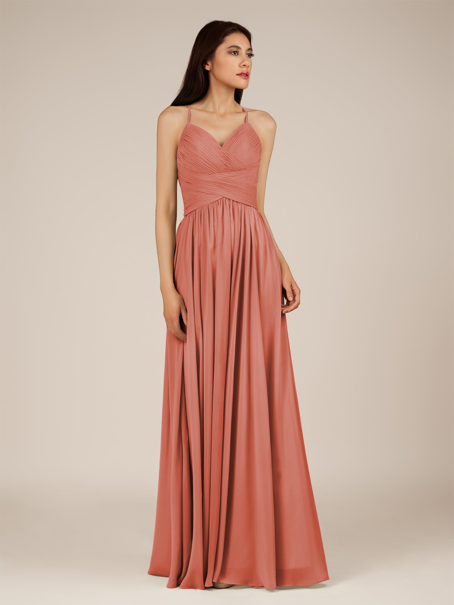 KissDress-Nolana Wild Rose A Line V Neck Chiffon Pleated Long Bridesmaid Dress