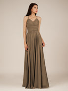 KissDress-Nolana Willow Green A Line V Neck Chiffon Pleated Long Bridesmaid Dress