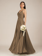 KissDress-Nolana Willow Green A Line V Neck Chiffon Pleated Long Bridesmaid Dress