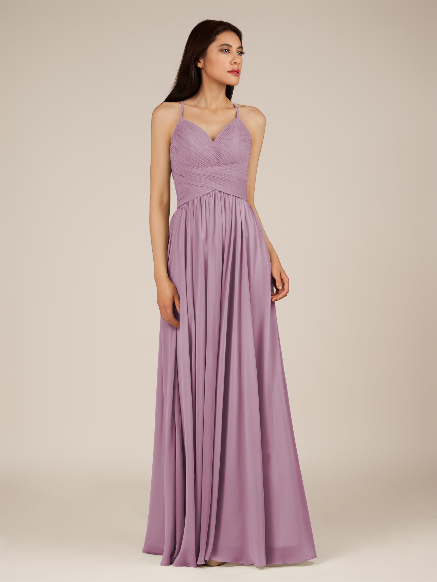 KissDress-Nolana Wisteria A Line V Neck Chiffon Pleated Long Bridesmaid Dress