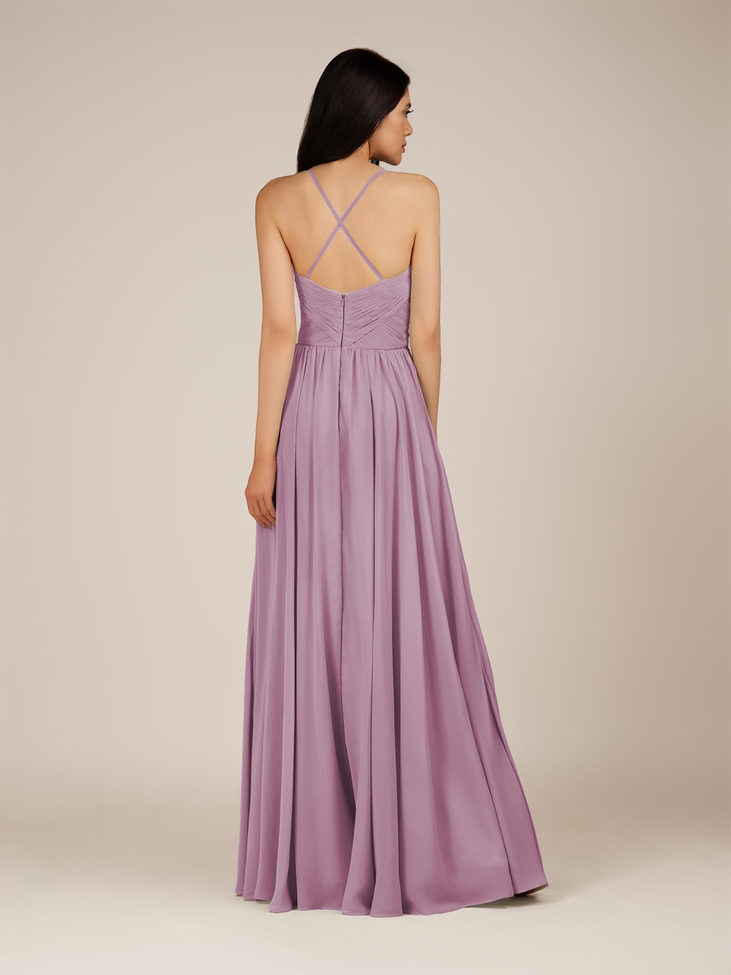 KissDress-Nolana Wisteria A Line V Neck Chiffon Pleated Long Bridesmaid Dress