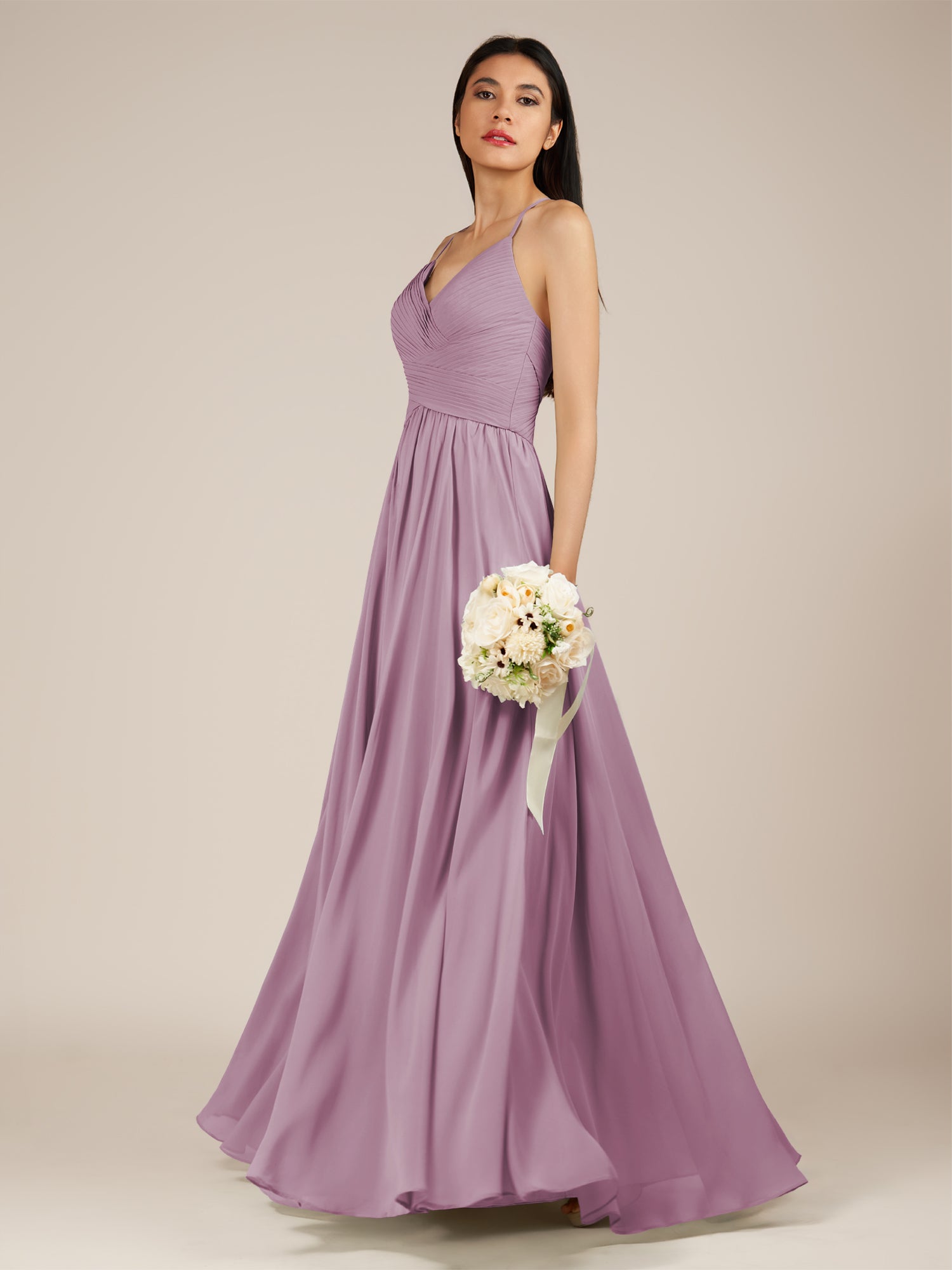 KissDress-Nolana Wisteria A Line V Neck Chiffon Pleated Long Bridesmaid Dress