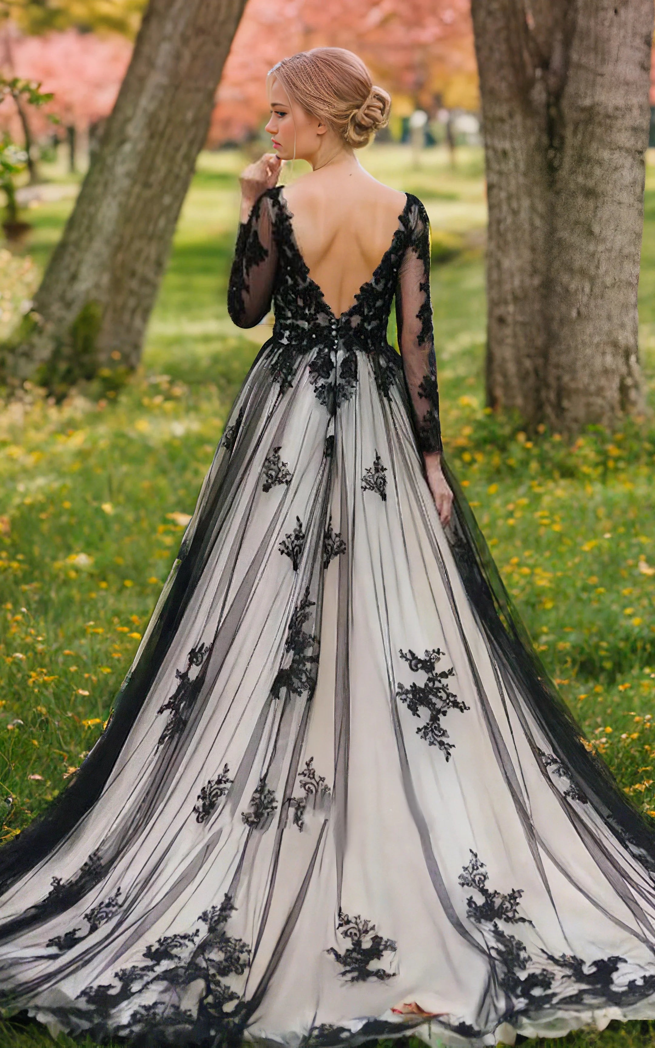 Black Wedding Dresses Lace A Line Long Sleeves Floor Length Bridal Gown Free Customization