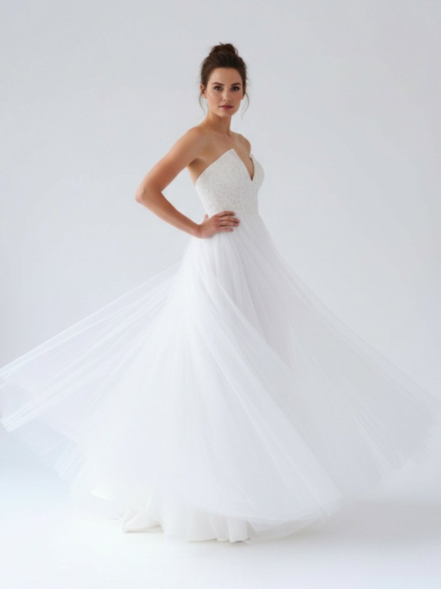KissDress-V Neck Sleeveless A-Line Long Tulle Backless White Wedding Dress