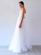 KissDress-V Neck Sleeveless A-Line Long Tulle Backless White Wedding Dress