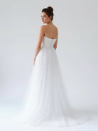 KissDress-V Neck Sleeveless A-Line Long Tulle Backless White Wedding Dress