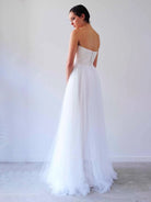 KissDress-V Neck Sleeveless A-Line Long Tulle Backless White Wedding Dress