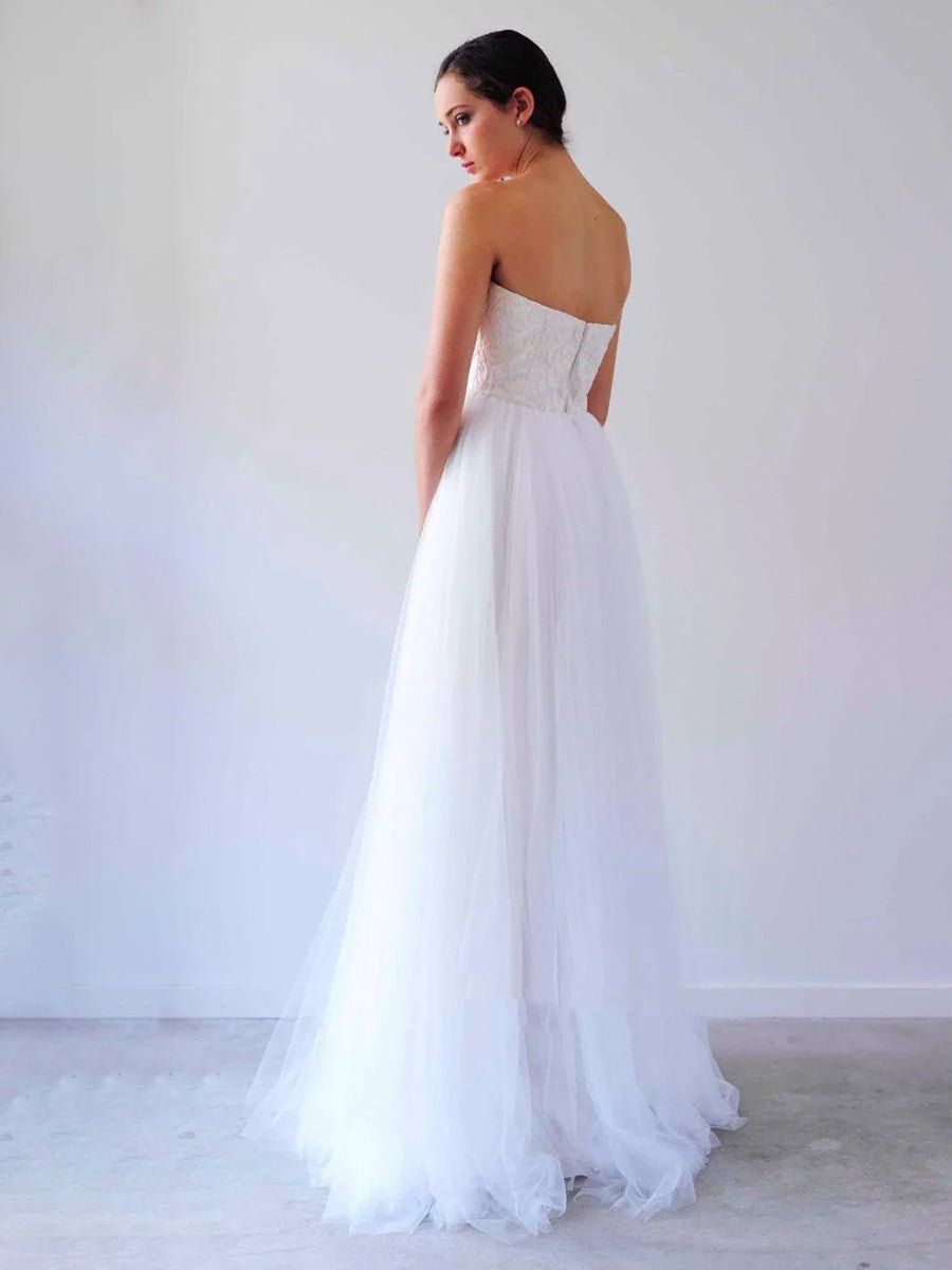 KissDress-V Neck Sleeveless A-Line Long Tulle Backless White Wedding Dress