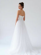 KissDress-V Neck Sleeveless A-Line Long Tulle Backless White Wedding Dress
