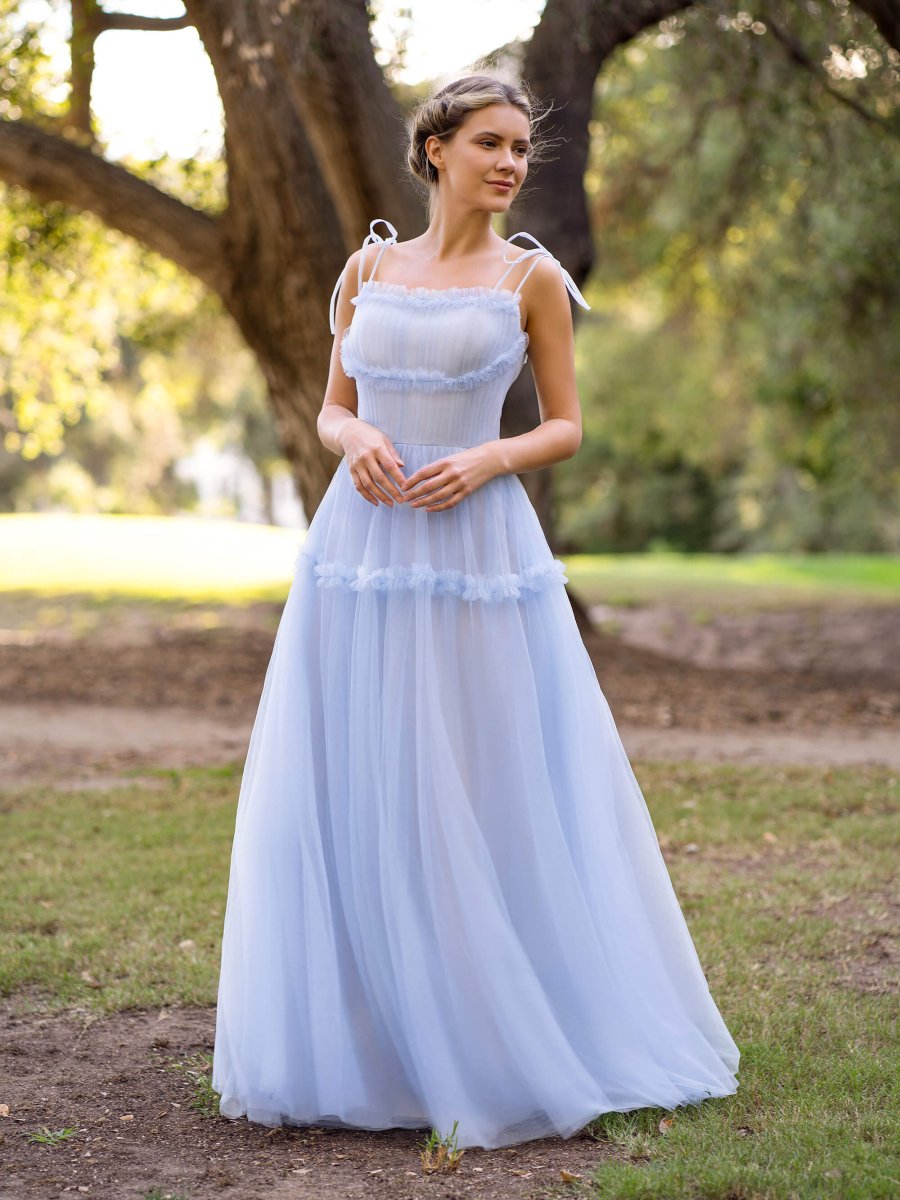 navy blue dress for baby girl Pale Blue Satin Rhinestone Strap Belt A-Line Prom Dresses, CP0054 US16 / As Pic main image 1