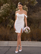Elody | Off - the - Shoulder Short Satin Cowl Neck Simple Formal Wedding Dress With Slit - KissProm