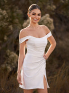 Elody | Off - the - Shoulder Short Satin Cowl Neck Simple Formal Wedding Dress With Slit - KissProm