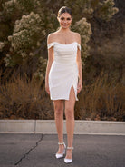 Elody | Off - the - Shoulder Short Satin Cowl Neck Simple Formal Wedding Dress With Slit - KissProm