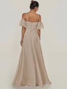 KissDress-Olia Almond A Line Chiffon Off the Shoulder Long Bridesmaid Dress with Slit