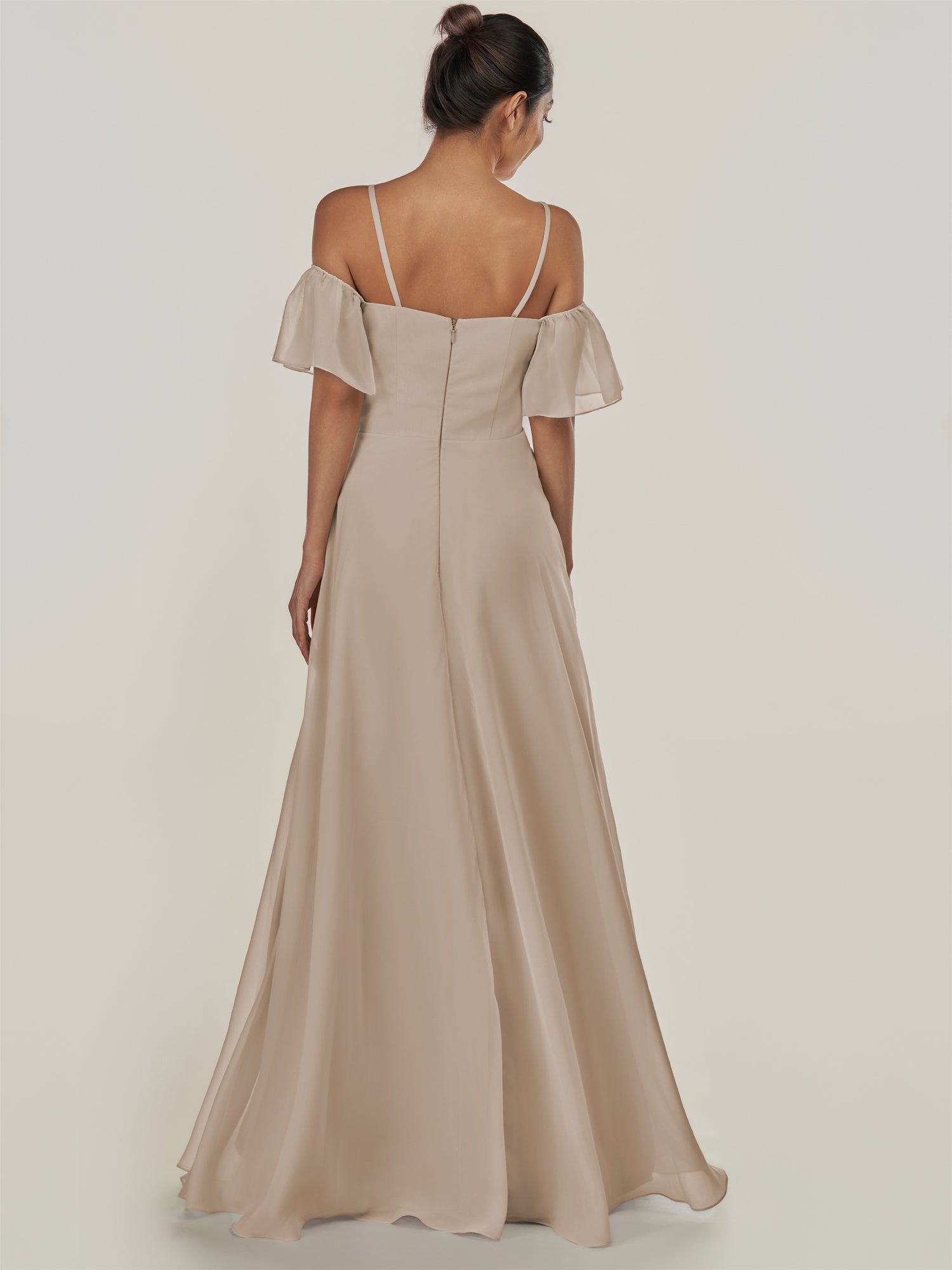 KissDress-Olia Almond A Line Chiffon Off the Shoulder Long Bridesmaid Dress with Slit