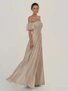 KissDress-Olia Almond A Line Chiffon Off the Shoulder Long Bridesmaid Dress with Slit
