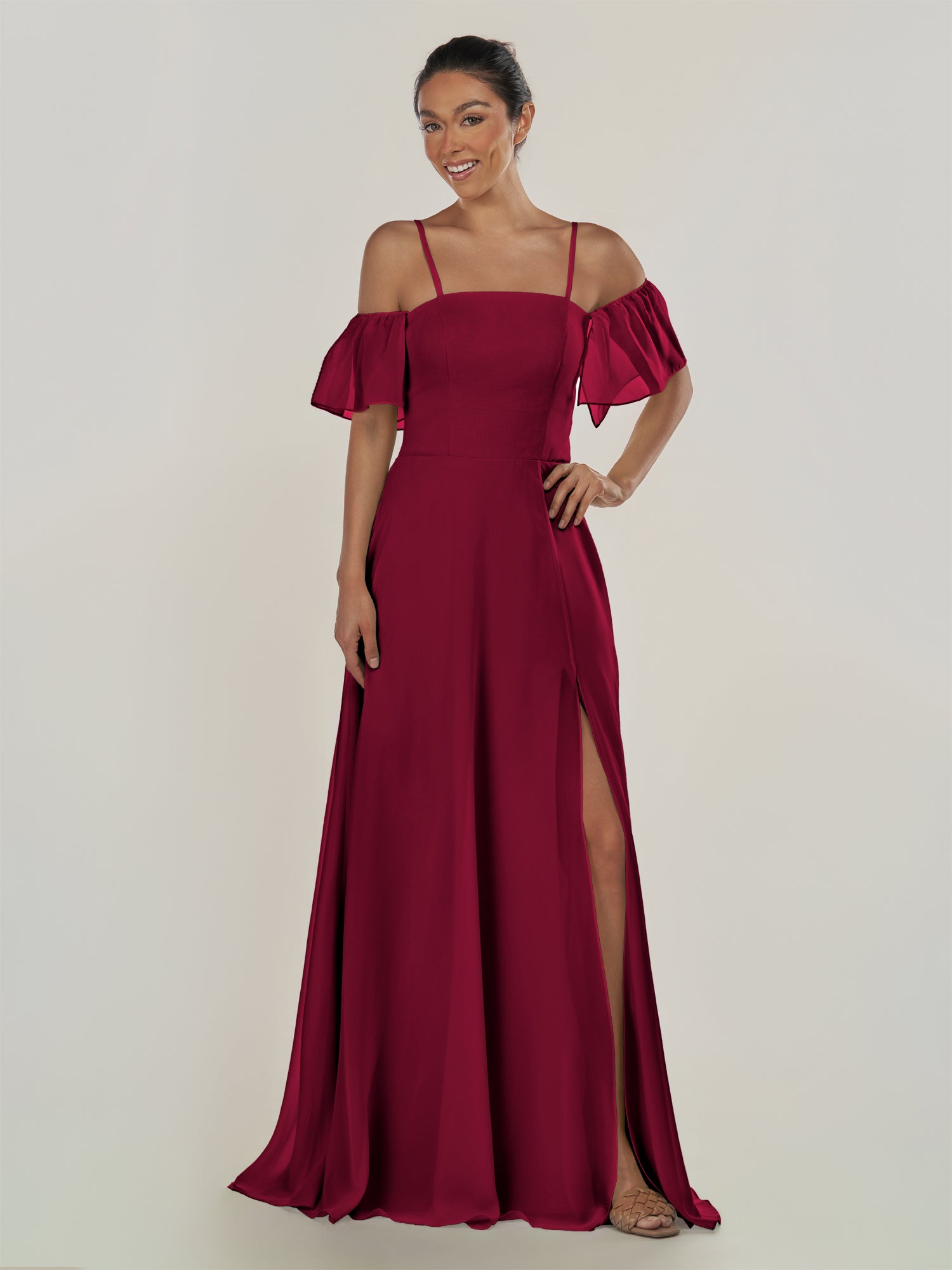 KissDress-Olia Berry A Line Chiffon Off the Shoulder Long Bridesmaid Dress with Slit