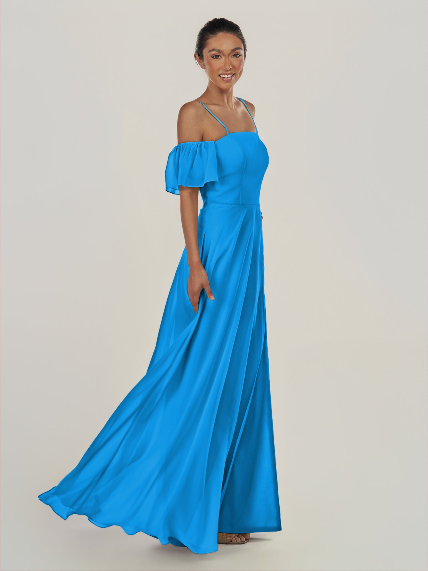 KissDress-Olia Blue Jay A Line Chiffon Off the Shoulder Long Bridesmaid Dress with Slit