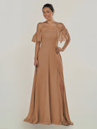 KissDress-Olia Bronzer A Line Chiffon Off the Shoulder Long Bridesmaid Dress with Slit