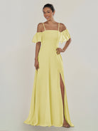 KissDress-Olia Buttercup A Line Chiffon Off the Shoulder Long Bridesmaid Dress with Slit