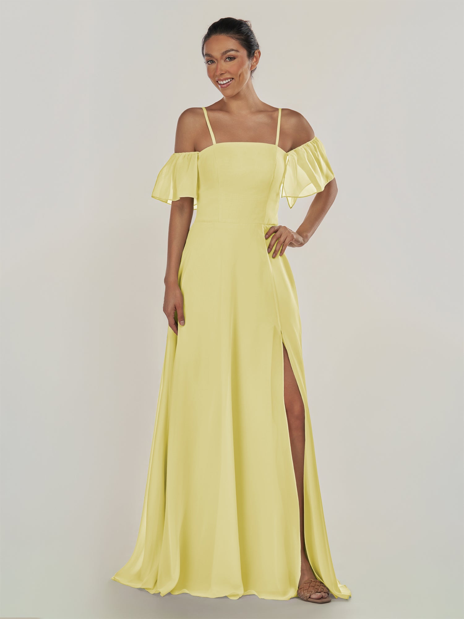 KissDress-Olia Buttercup A Line Chiffon Off the Shoulder Long Bridesmaid Dress with Slit